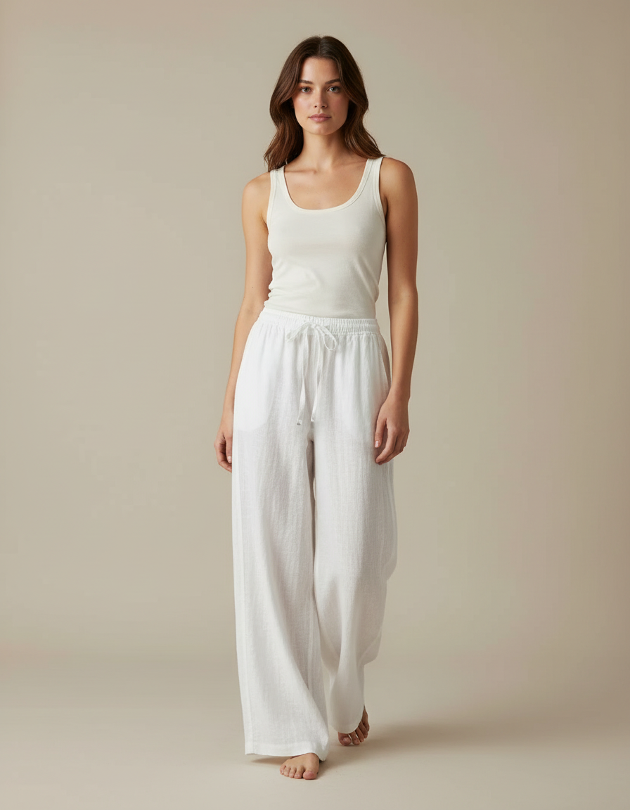 Pantalon Blanc Lin Fluide Ample Taille Haute