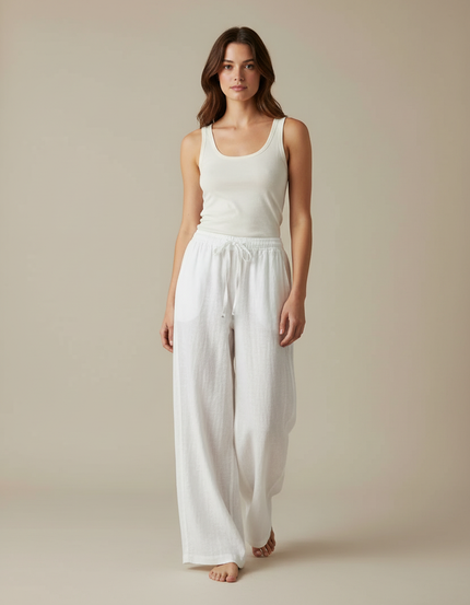 Pantalon Blanc Lin Fluide Ample Taille Haute