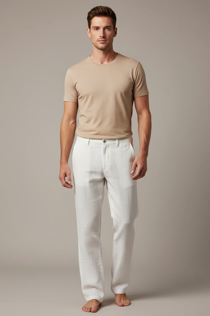 Pantalon Blanc Lin Coupe Droite Homme Décontracté