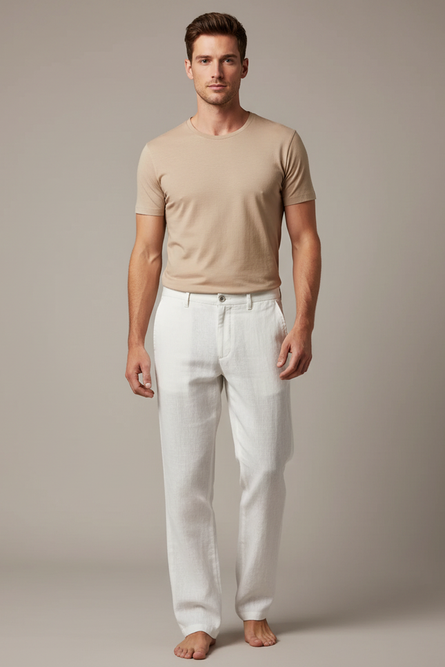 Pantalon Blanc Lin Coupe Droite Homme Décontracté