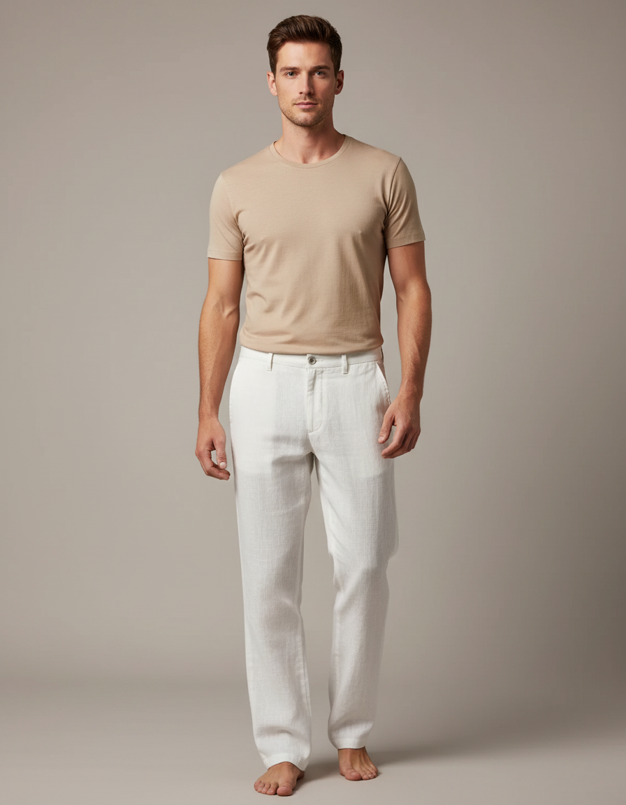 Pantalon Blanc Lin Coupe Droite Homme Décontracté