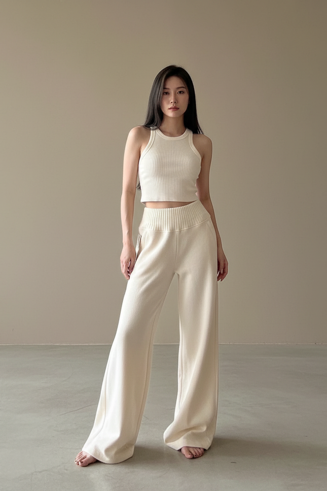 Pantalon Blanc En Coton Femme - Beige Maille