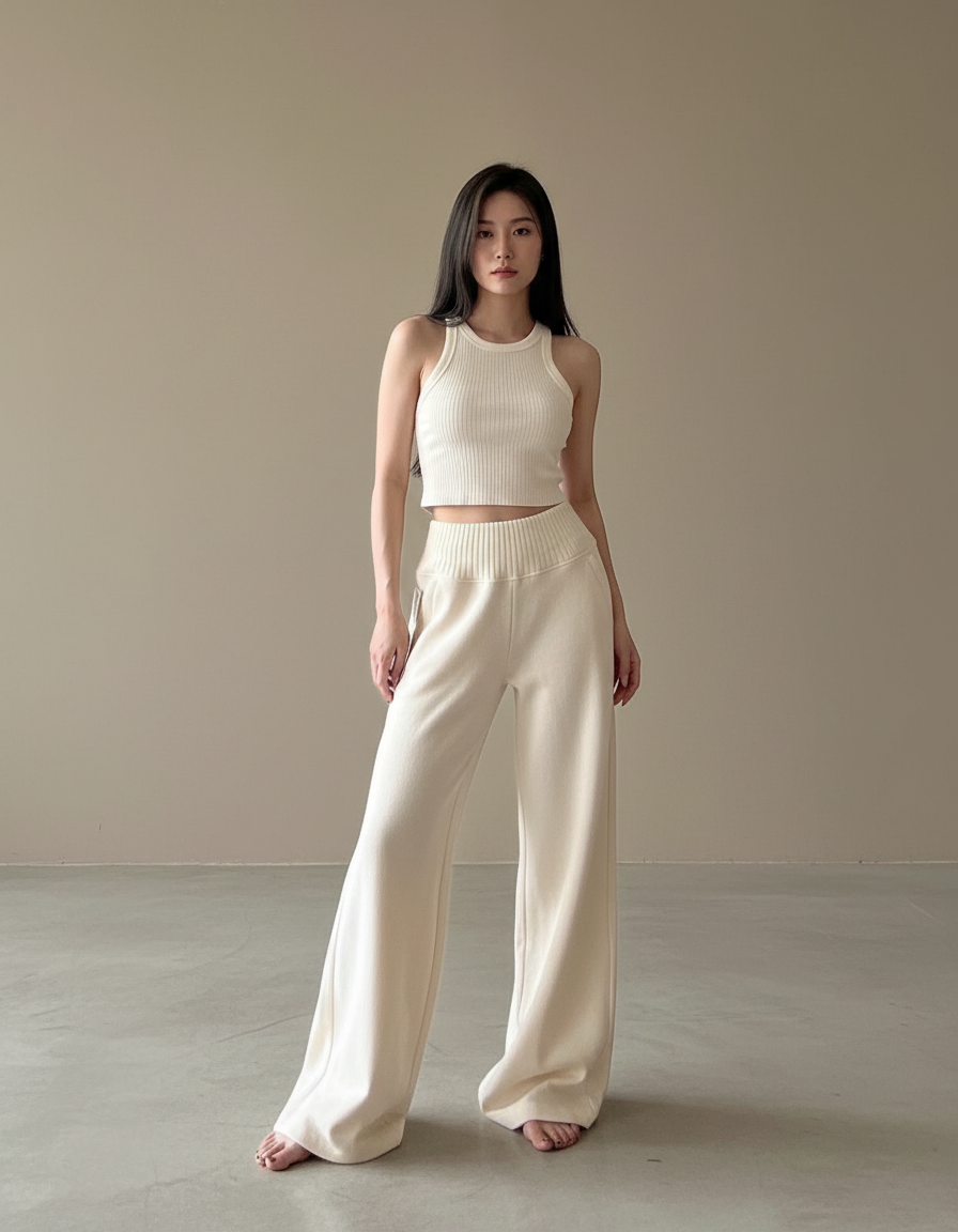 Pantalon Blanc En Coton Femme - Beige Maille