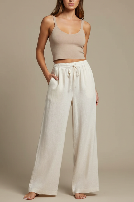 Pantalon Blanc Fluide Ample Cordon Décontracté - Beige Lin