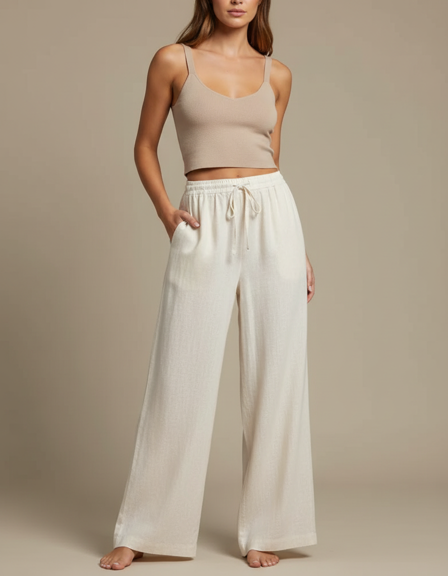 Pantalon Blanc Fluide Ample Cordon Décontracté - Beige Lin