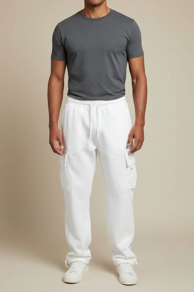 Pantalon Blanc Cargo Molleton Ample Décontracté Homme