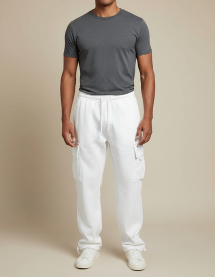 Pantalon Blanc Cargo Molleton Ample Décontracté Homme