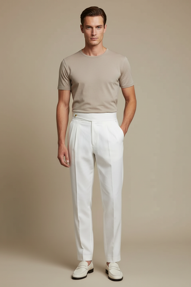 Pantalon Blanc Droit Plissé Taille Haute Élégant Homme - Gabardine