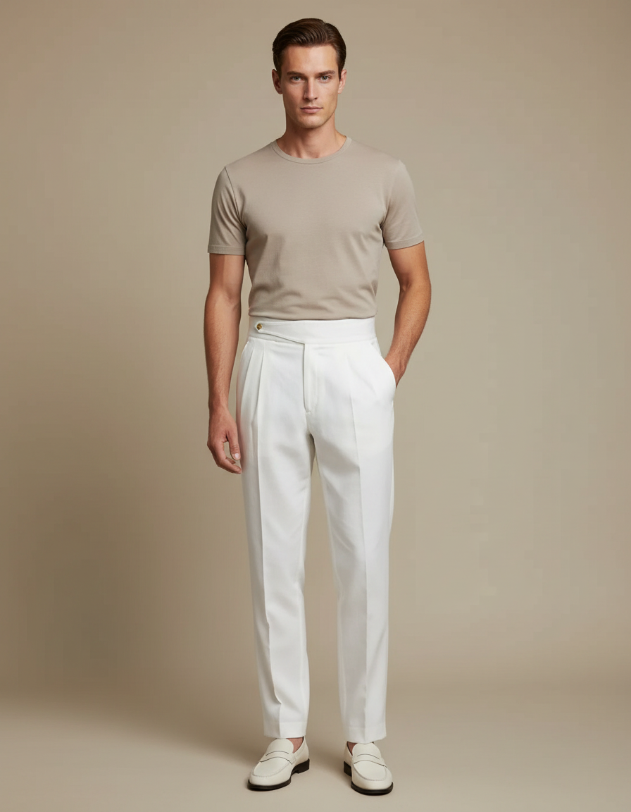 Pantalon Blanc Droit Plissé Taille Haute Élégant Homme - Gabardine