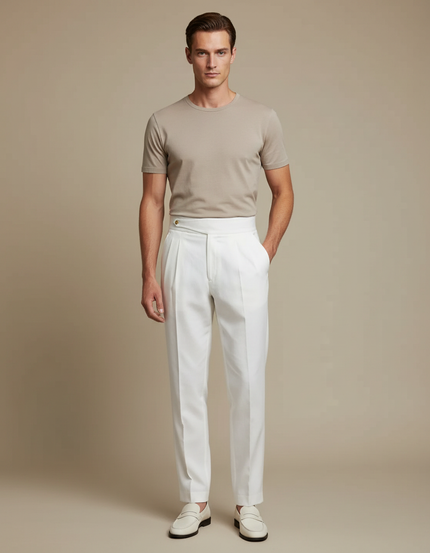 Pantalon Blanc Droit Plissé Taille Haute Élégant Homme - Gabardine