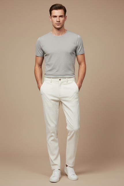 Pantalon Blanc Slim Texturé Élégant Homme Décontracté - Maille