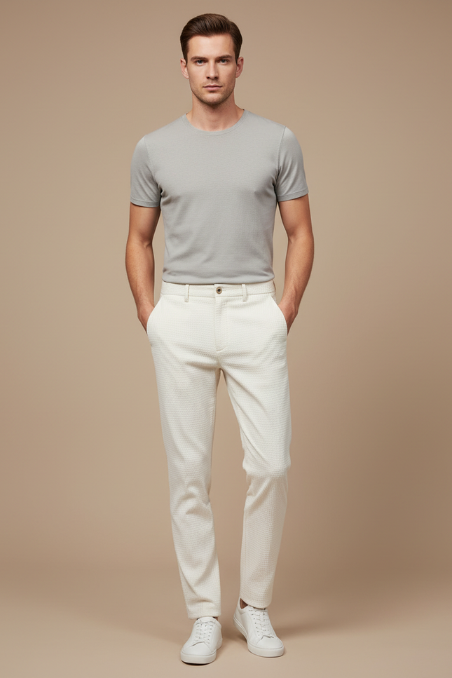 Pantalon Blanc Slim Texturé Élégant Homme Décontracté - Maille