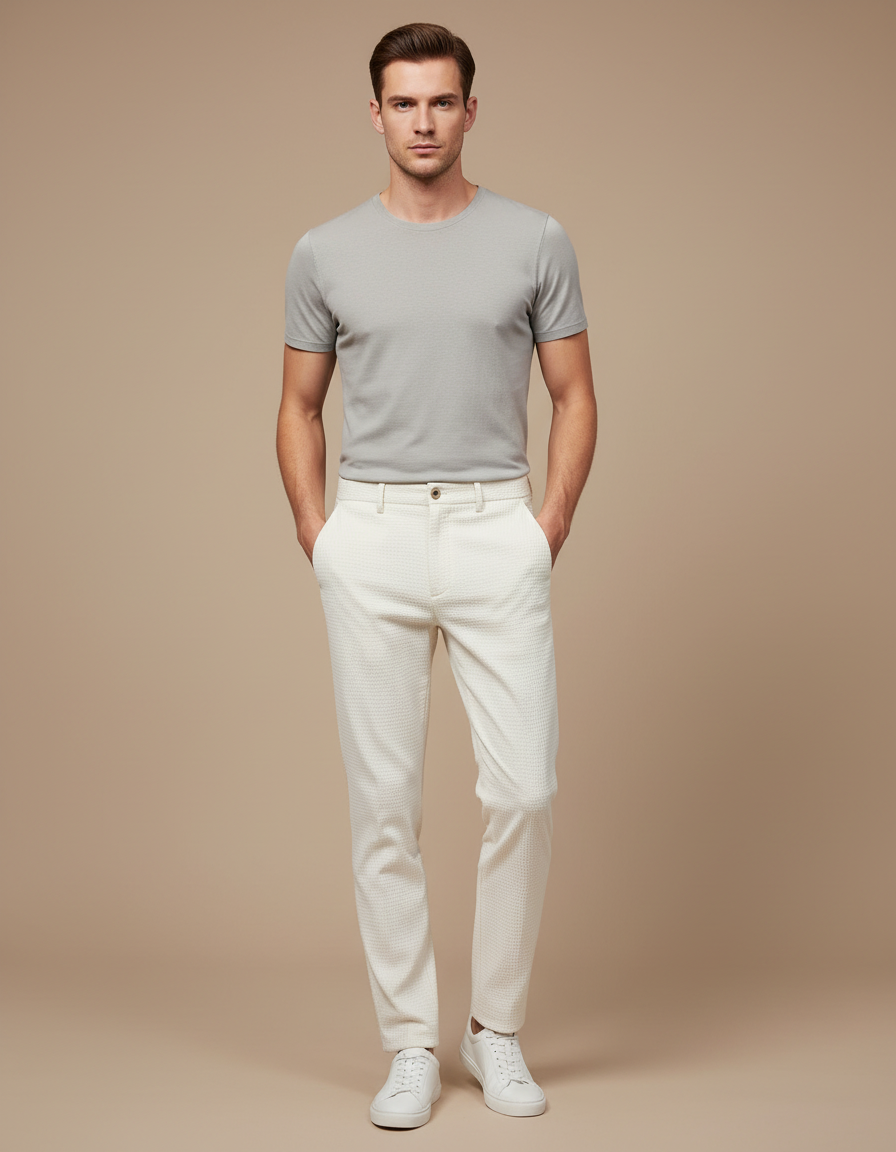 Pantalon Blanc Slim Texturé Élégant Homme Décontracté - Maille
