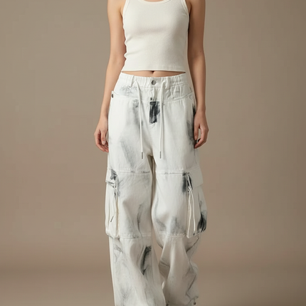 Pantalon Blanc Cargo Délavé Large Y2K - Jean