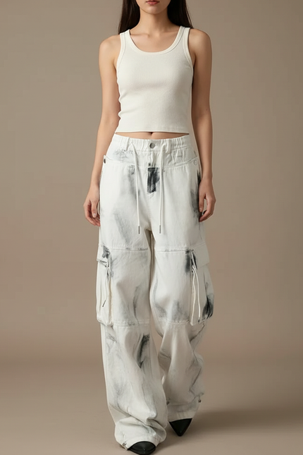 Pantalon Blanc Cargo Délavé Large Y2K - Jean