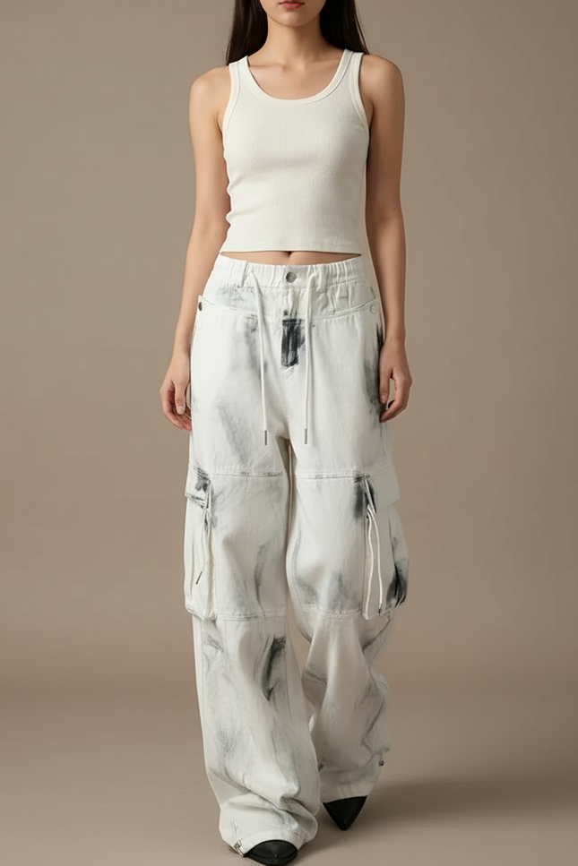 Pantalon Blanc Cargo Délavé Large Y2K - Jean