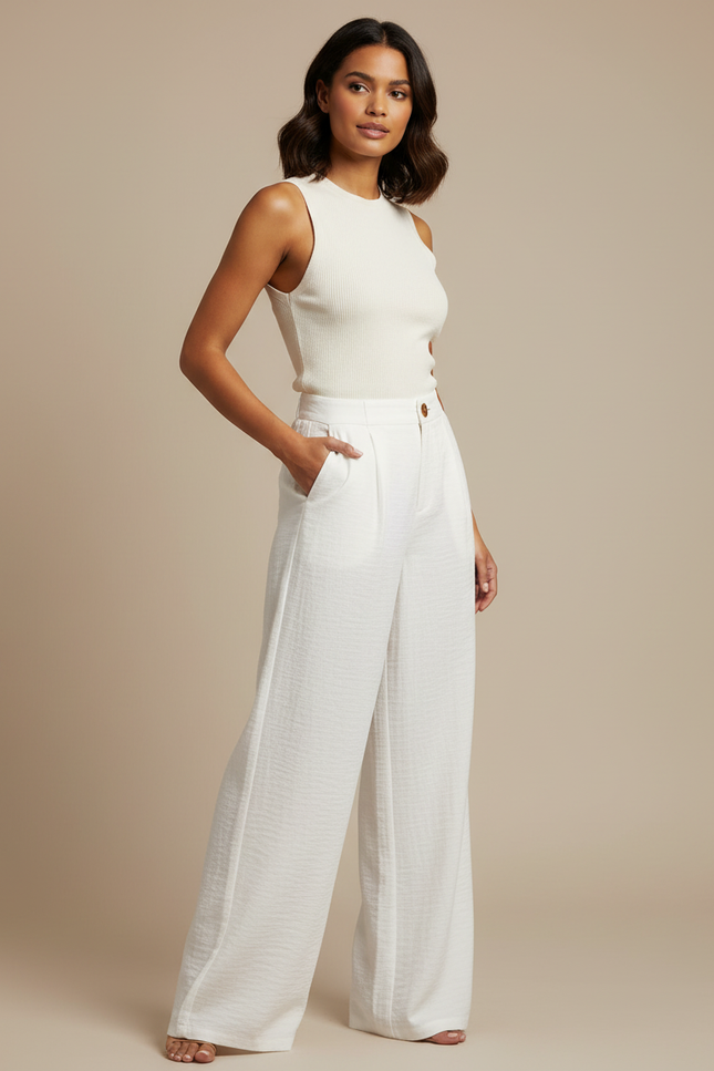 Pantalon Blanc Fluide Ample Taille Haute Décontracté - Viscose