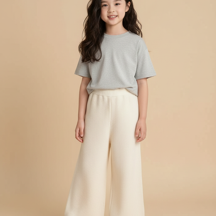 Pantalon Blanc Côtelé Ample Tricoté Fille - Beige Maille