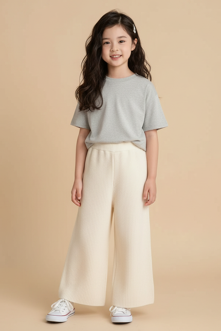 Pantalon Blanc Côtelé Ample Tricoté Fille - Beige Maille
