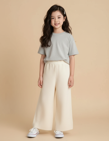 Pantalon Blanc Côtelé Ample Tricoté Fille - Beige Maille