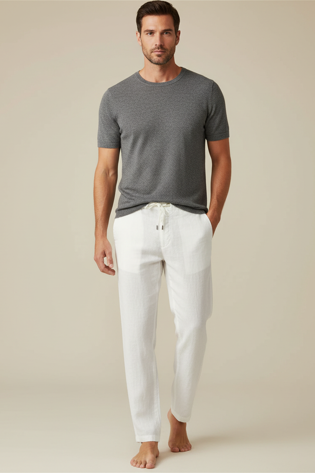 Pantalon Blanc Lin Décontracté Droit Homme