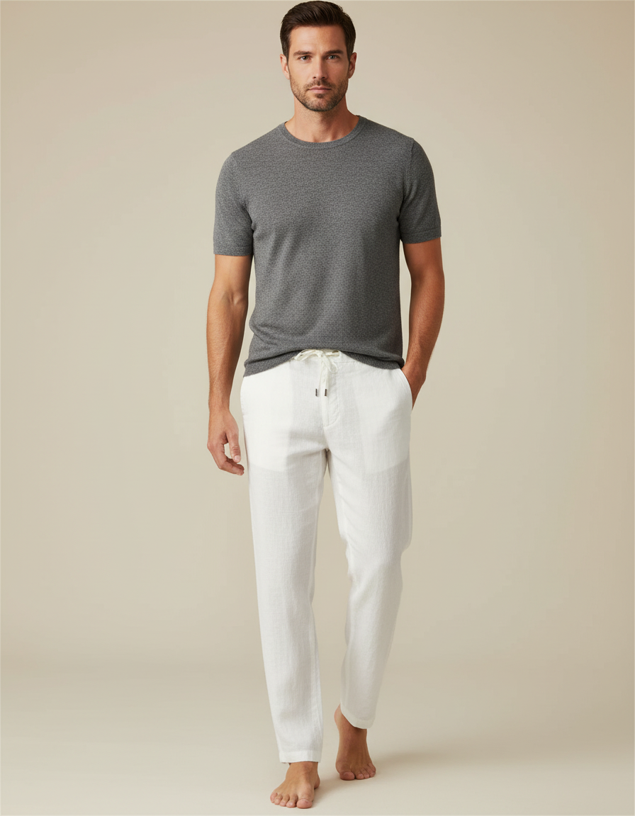Pantalon Blanc Lin Décontracté Droit Homme
