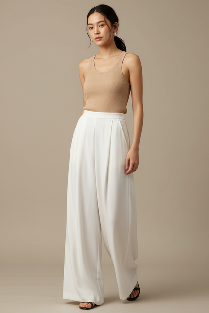 Pantalon Blanc Fluide Ample Élégant Plissé Femme - Polyester