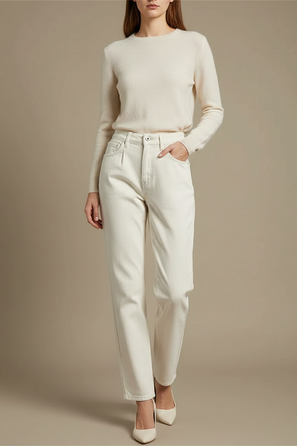 Pantalon Blanc Taille Haute Droit Décontracté Femme - Jean