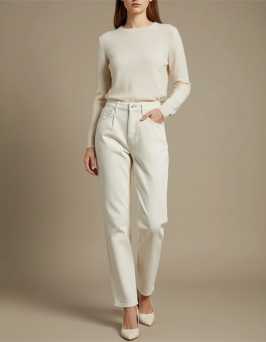 Pantalon Blanc Taille Haute Droit Décontracté Femme - Jean