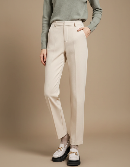 Pantalon Blanc Droit Laine Élégant Taille Haute - Beige