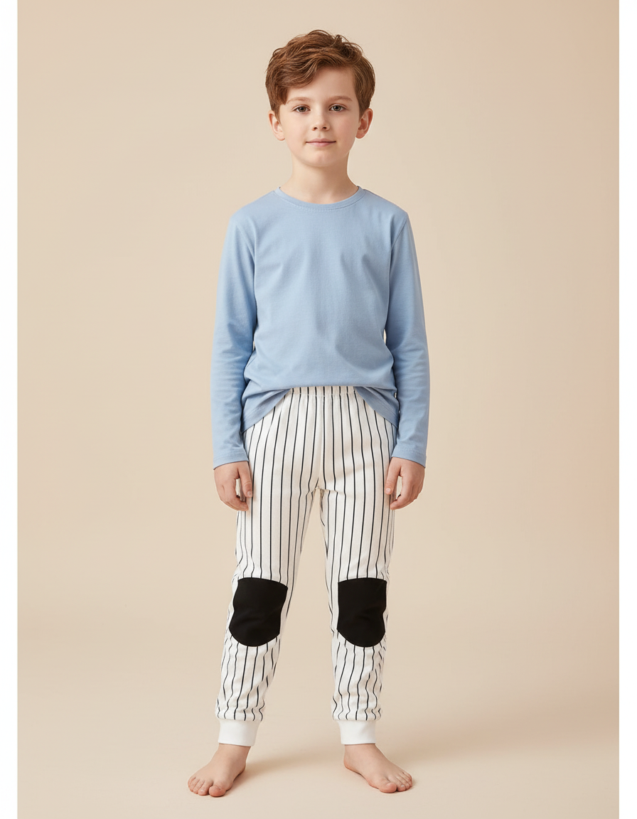 Pantalon Blanc Rayé Coton Décontracté Enfant - Molleton