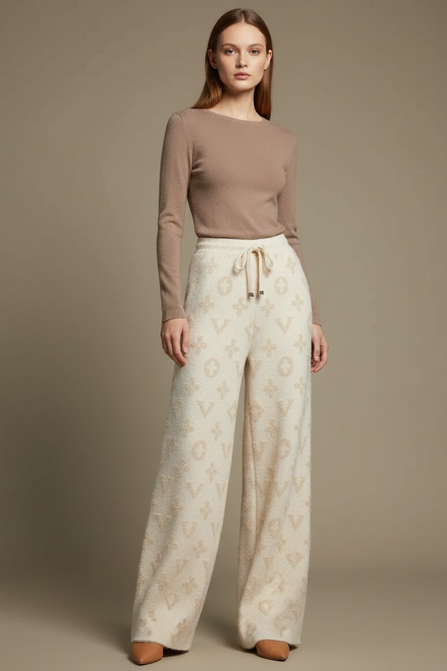 Pantalon Blanc Molletonné Jacquard Ample Décontracté Fluide