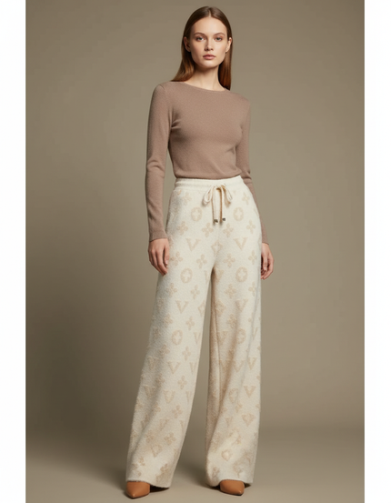 Pantalon Blanc Molletonné Jacquard Ample Décontracté Fluide