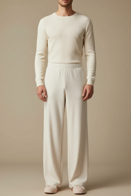 Pantalon Blanc Côtelé Droit Ample Confortable Homme - Cordé