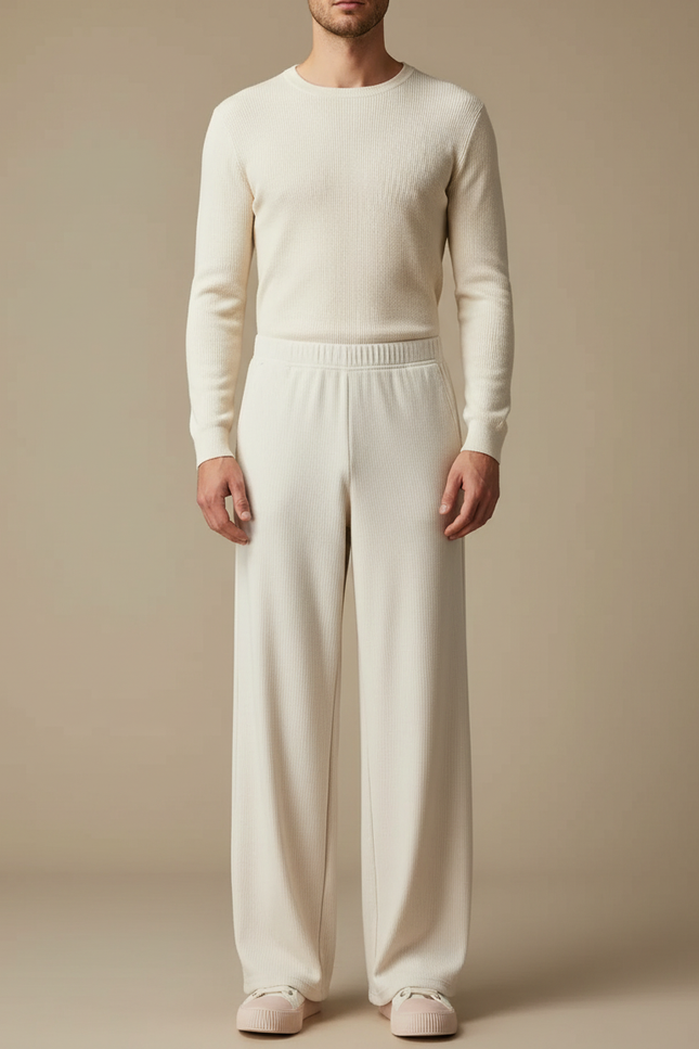 Pantalon Blanc Côtelé Droit Ample Confortable Homme - Cordé