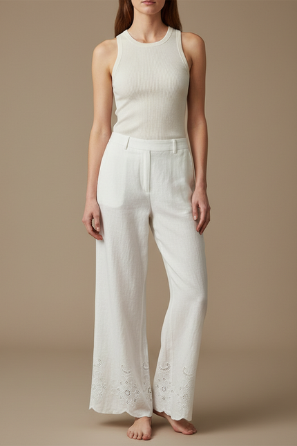 Pantalon Blanc Large Lin Brodé Décontracté Élégant