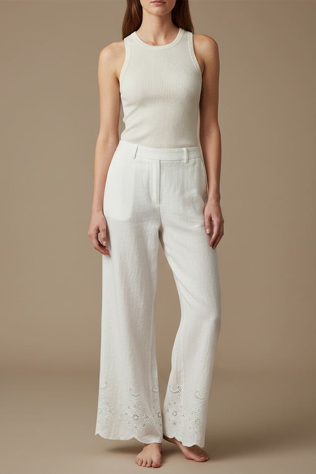 Pantalon Blanc Large Lin Brodé Décontracté Élégant