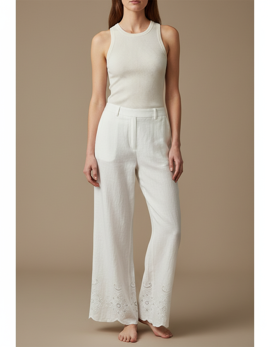Pantalon Blanc Large Lin Brodé Décontracté Élégant
