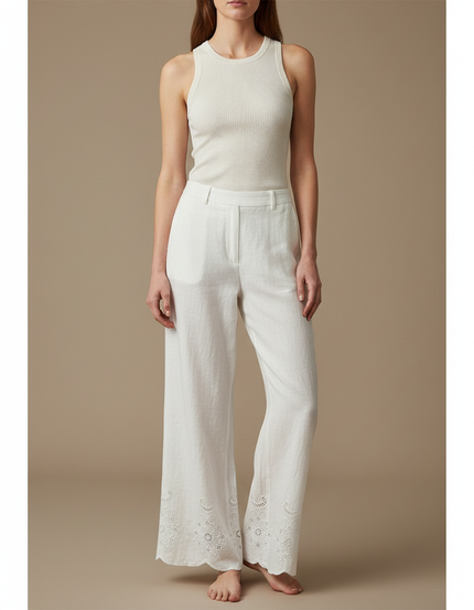 Pantalon Blanc Large Lin Brodé Décontracté Élégant