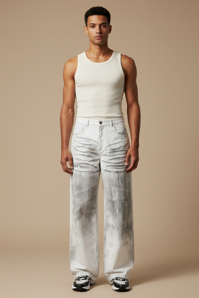 Pantalon Blanc Décontracté Large Délavé Imprimé Homme - Jean