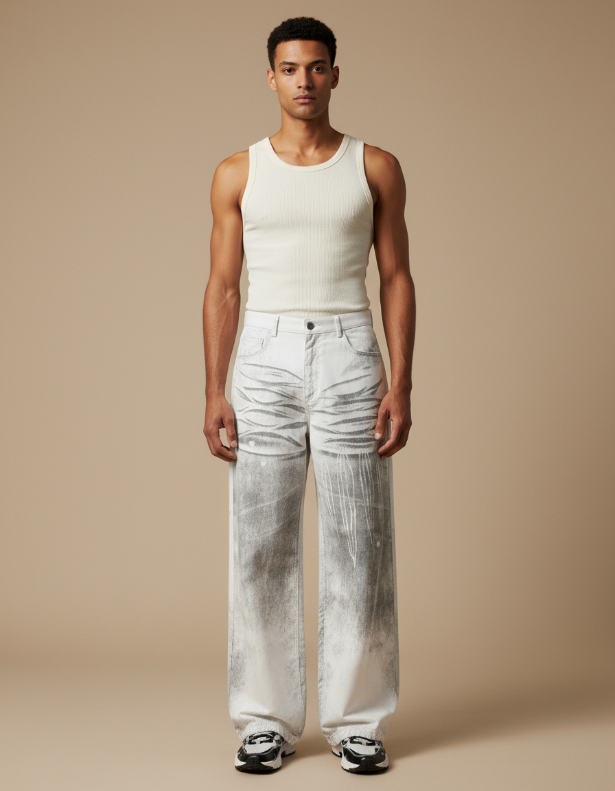 Pantalon Blanc Décontracté Large Délavé Imprimé Homme - Jean