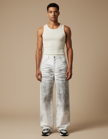 Pantalon Blanc Décontracté Large Délavé Imprimé Homme - Jean