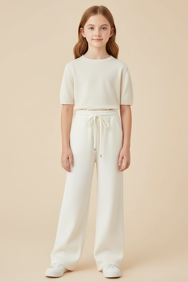 Pantalon Blanc Large Molletonné Confortable Décontracté Fille