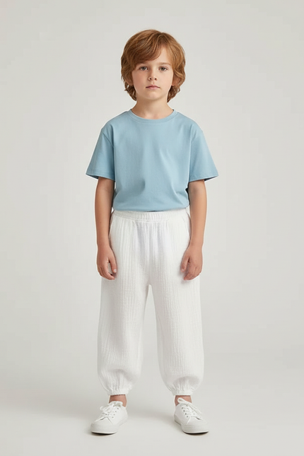 Pantalon Blanc Gaze Coton Décontracté Ample Enfant