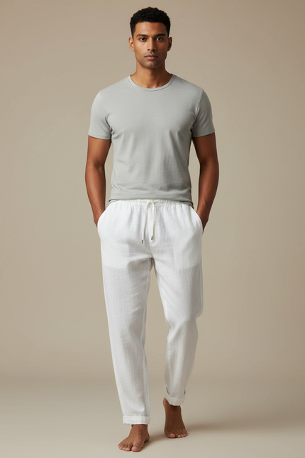 Pantalon Blanc Homme Lin Décontracté Ample