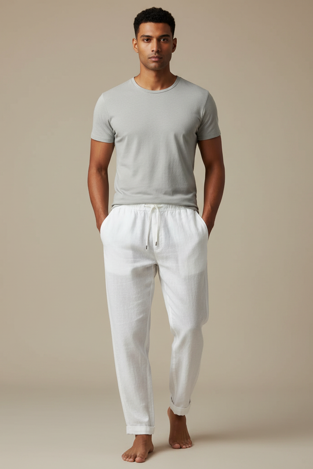 Pantalon Blanc Homme Lin Décontracté Ample