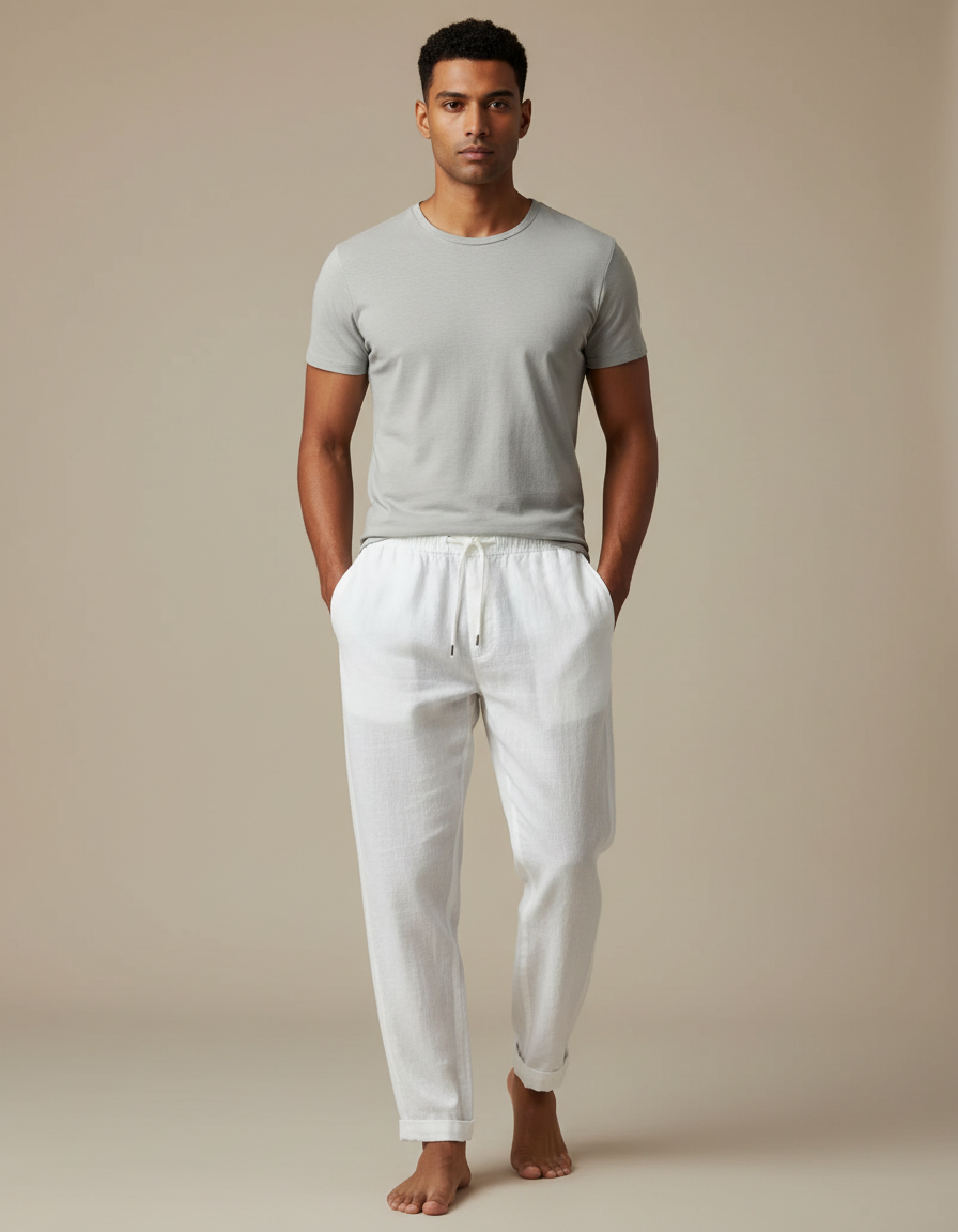Pantalon Blanc Homme Lin Décontracté Ample
