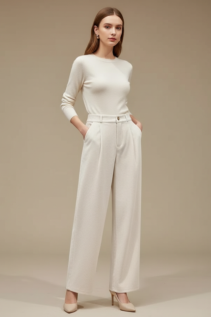 Pantalon Blanc Côtelé Plissé Droit Élégant Femme - Beige Cordé