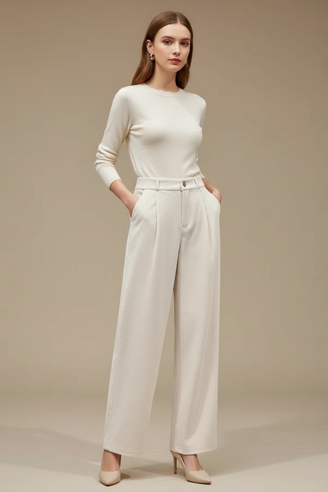 Pantalon Blanc Côtelé Plissé Droit Élégant Femme - Beige Cordé