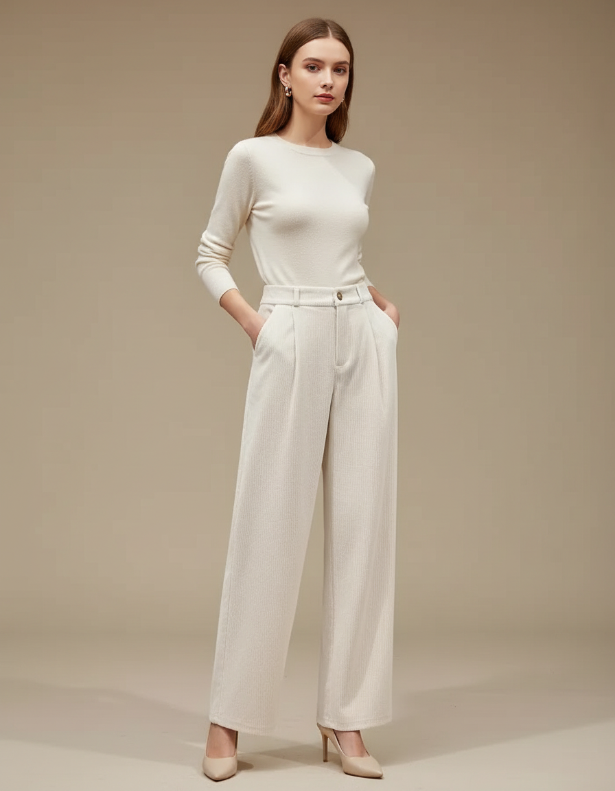 Pantalon Blanc Côtelé Plissé Droit Élégant Femme - Beige Cordé